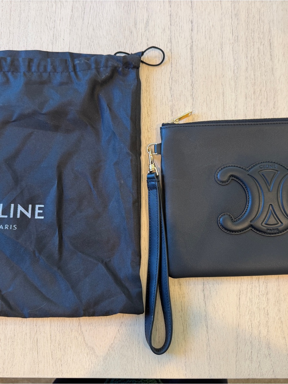 Celine black Leather Triomphe Wristlet Pouch